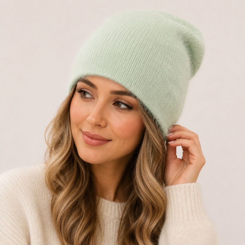 Guess Mint Green Fuzzy Knit Beanie Hat One Size NWT Soft Eyelash Winter Cap